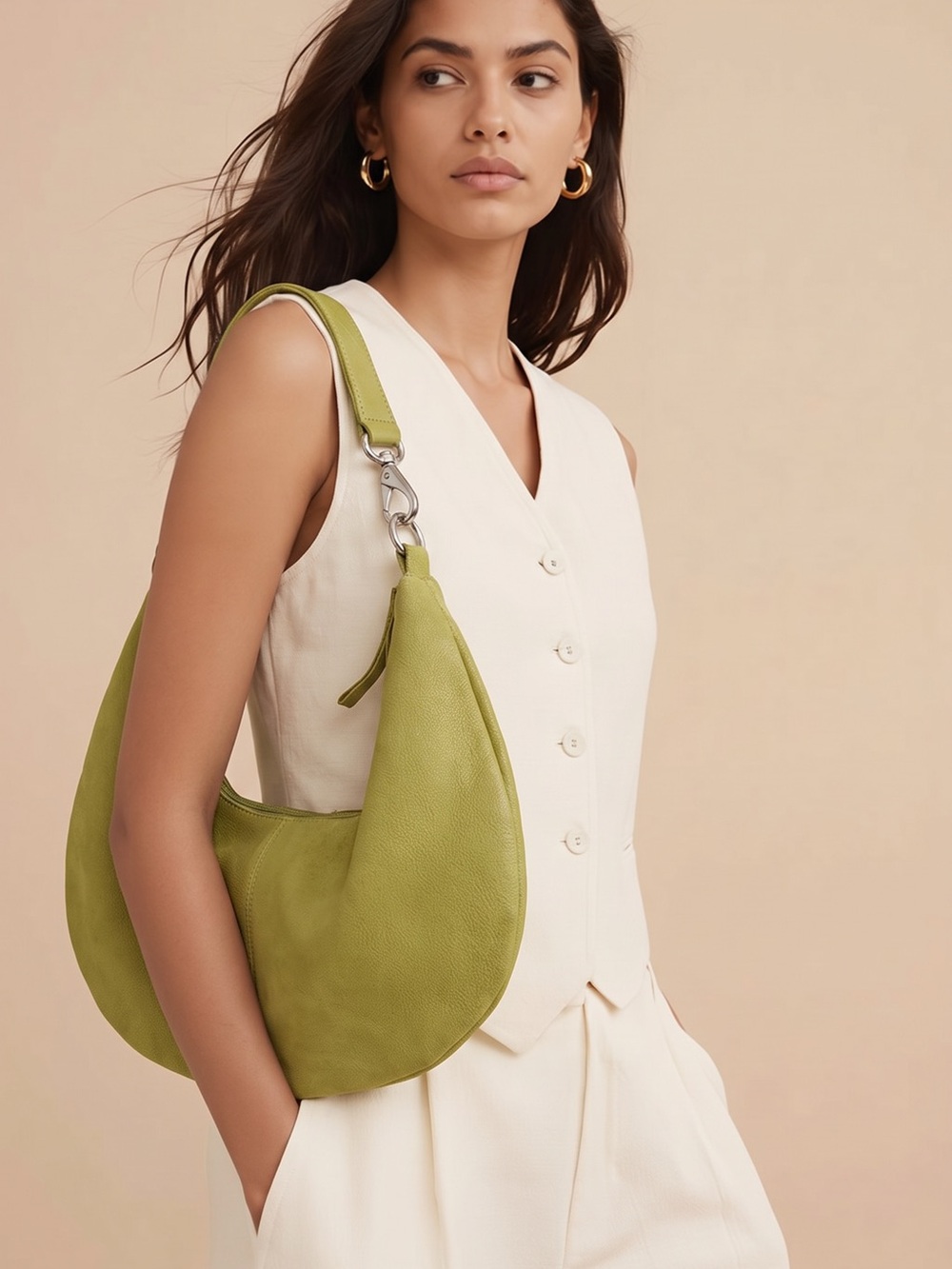 HOBO Olive Green Curved Hobo Shoulder Bag with Silver Hardware